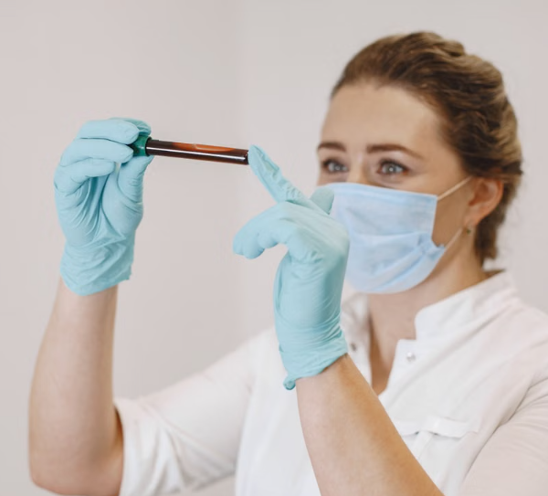 A healthcare worker examining a lab test sample